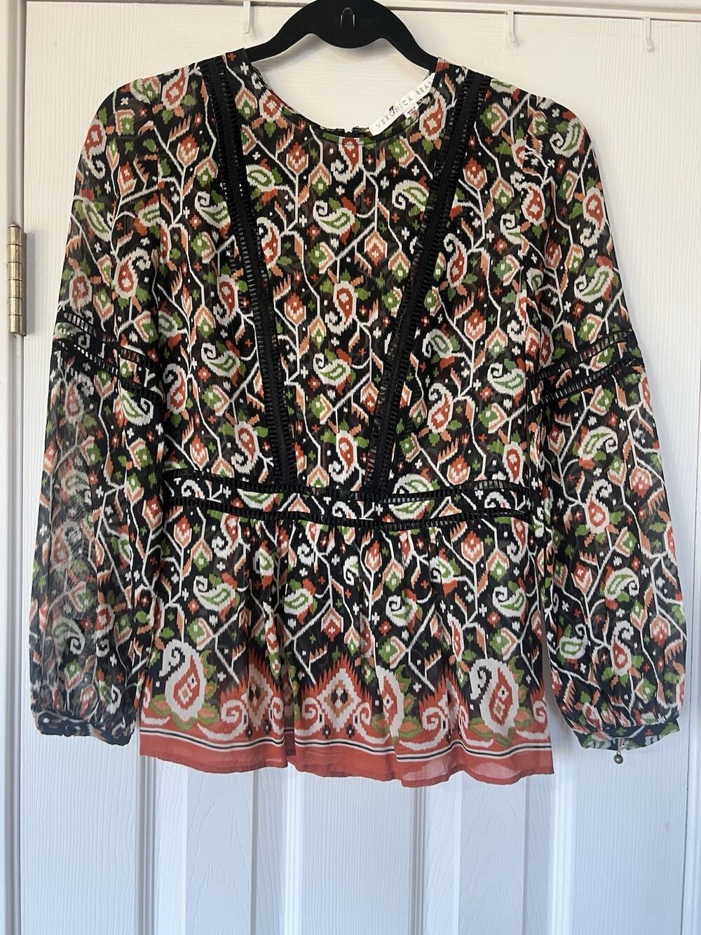 Veronica Beard Venice Fall Long Sleeve 100% Silk Top 2 Black Paisley Boho Luxe